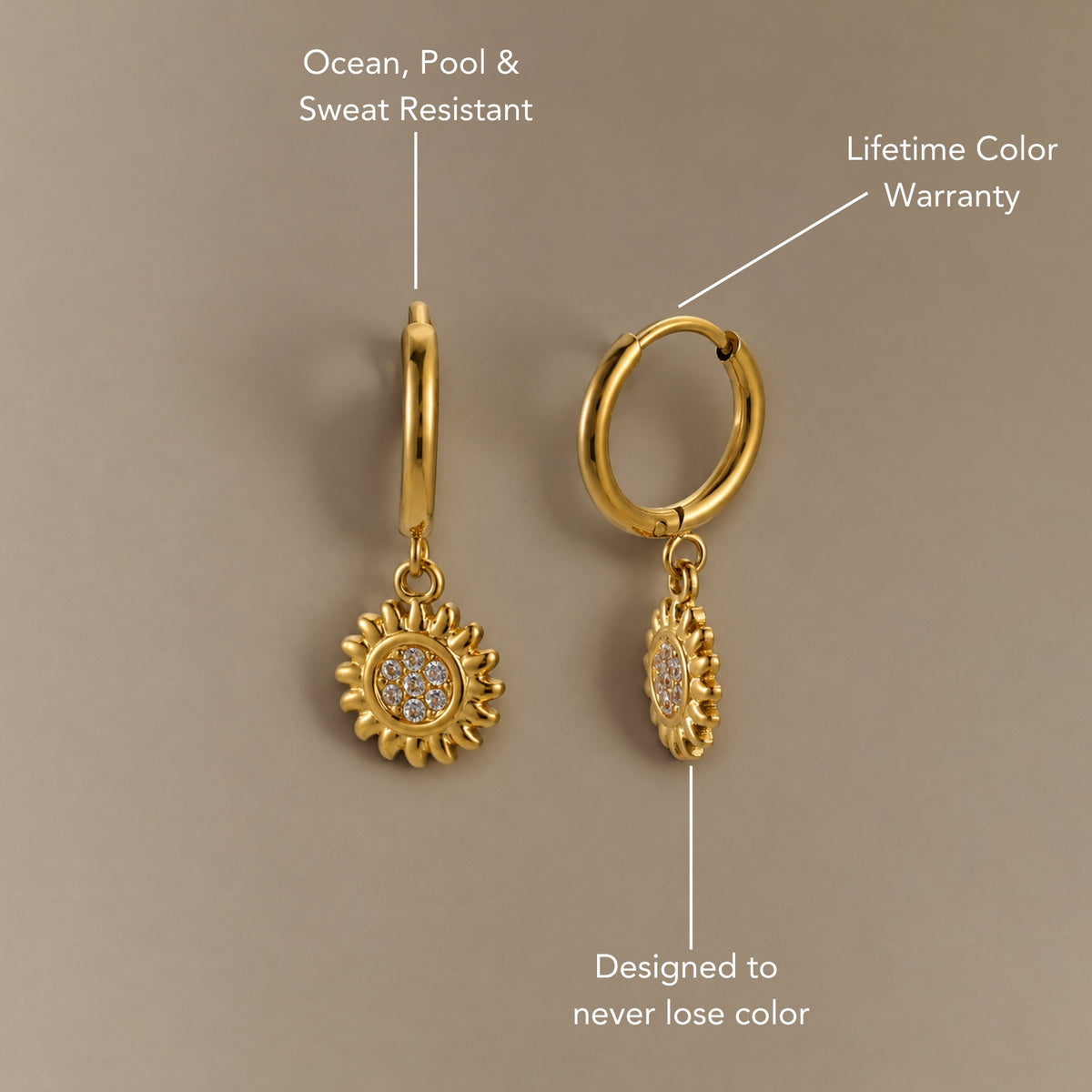 Gold sun charm hoop earrings, waterproof and sweat resistant with lifetime color warranty